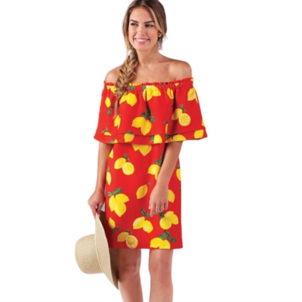 Mud Pie Pippa off shoulder red lemon dress size medium
